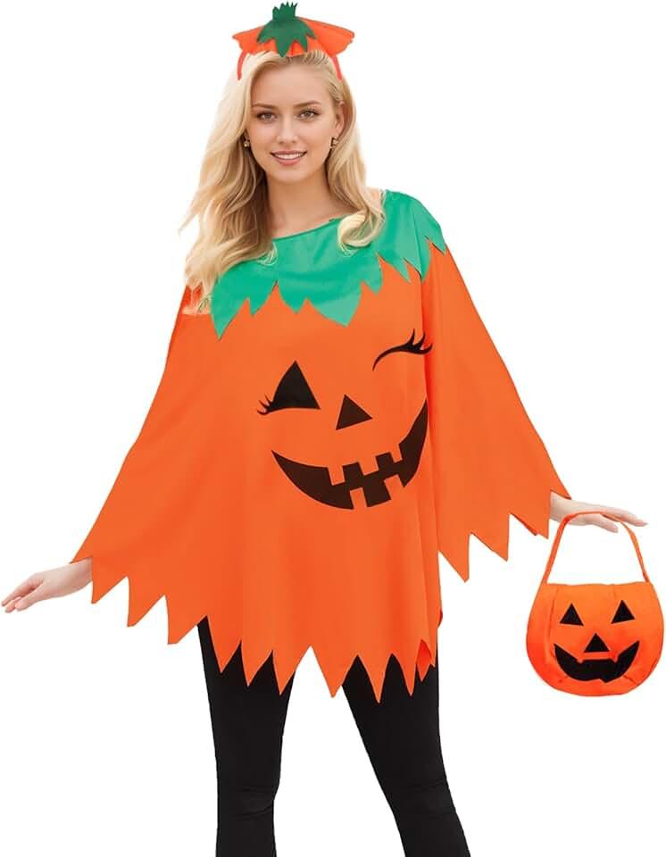 2Pcs Halloween Costumes Woman Pumpkin Ghost Skeleton Halloween Poncho for Women With Headband