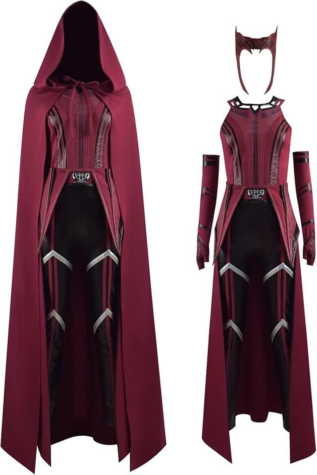 Womens Wanda Maximoff Cosplay Scarlet Witch Costume Red Uniform with Cloak Battle Suit Wanda