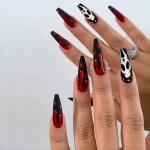 Halloween Press on Nails Long Coffin Halloween Fake Nails with Gothic Ghost Glossy Design Black Red