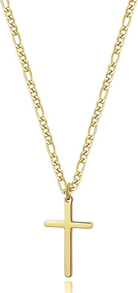 14K Gold Filled Cross Necklace for Men Figaro Chain Stainless Steel Plain Polished Cross Pendant