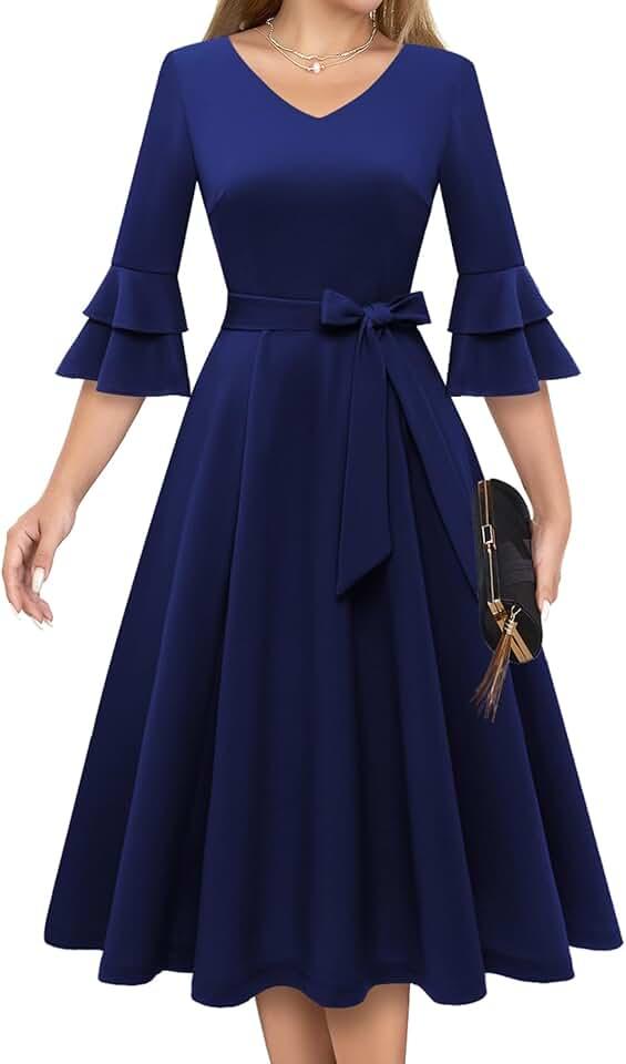 Womens Cocktail Dress 2024 Homecoming Fall Elegant Double 3/4 Sleeve Formal Tea Dresses for Wedding Guest/Church