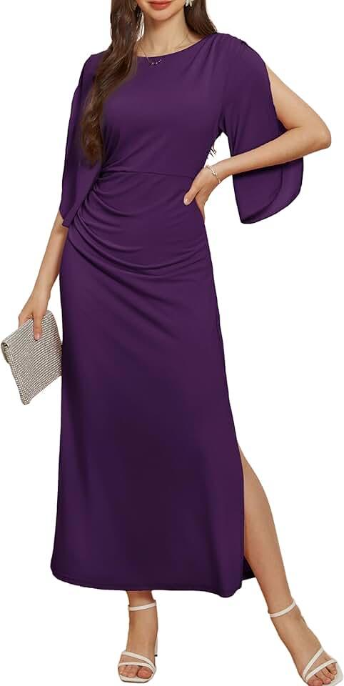 Women Elegant Formal Wedding Guest Dress Side Slit Ruched Bodycon Cocktail Party Maxi Long Dresses