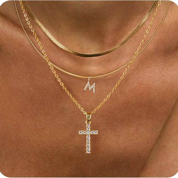 BERISO Gold Layered Initial Cross Necklace, 14K Gold Plated Diamond Initial Cross Pendant Necklace