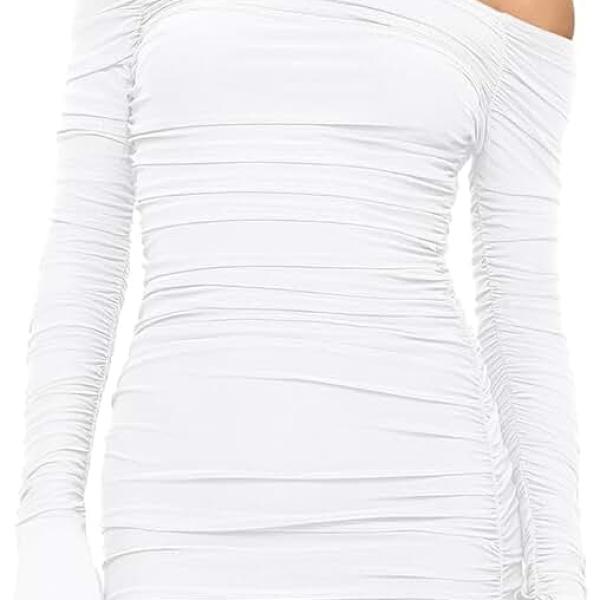 Women's Sexy Long Sleeve Off The Shoulder Ruched Bodycon Mini Cocktail Party Dress