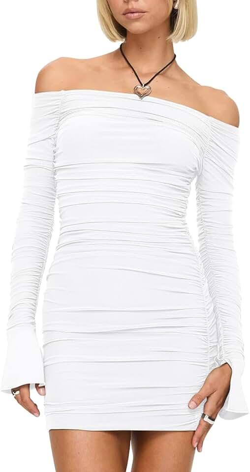 Women's Sexy Long Sleeve Off The Shoulder Ruched Bodycon Mini Cocktail Party Dress