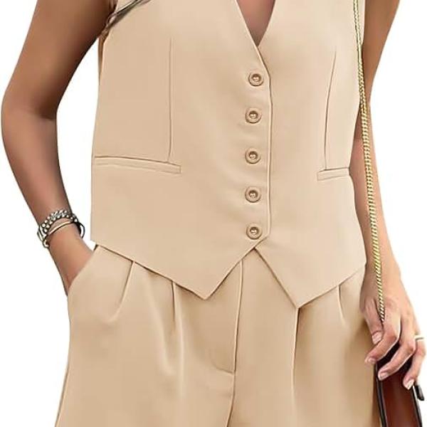 PRETTYGARDEN Women Summer 2 Piece Outfits V Neck Sleeveless Button Down Vest Shorts Sets Business Work Matching Set 2024