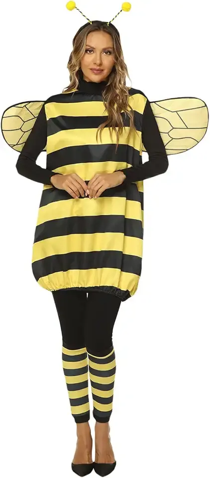 Bee Costume Women, Adult Plus Size Halloween Cosplay Outfits, Honeybee Dresses Wings Leg Warmers