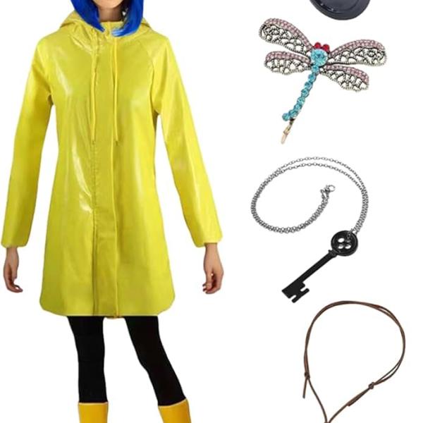 Yellow Raincoat Halloween Coraline Costume Cosplay Yellow Waterproof Rain Jacket Outfit with Blue