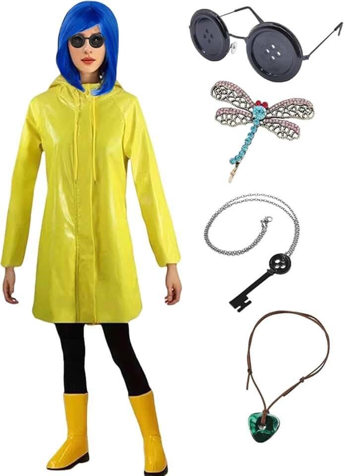 Yellow Raincoat Halloween Coraline Costume Cosplay Yellow Waterproof Rain Jacket Outfit with Blue