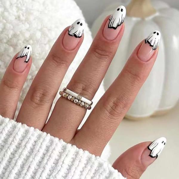 Halloween Press on Nails Ghost French Tips Fake Nails Almond False Nails with Designs White Cute