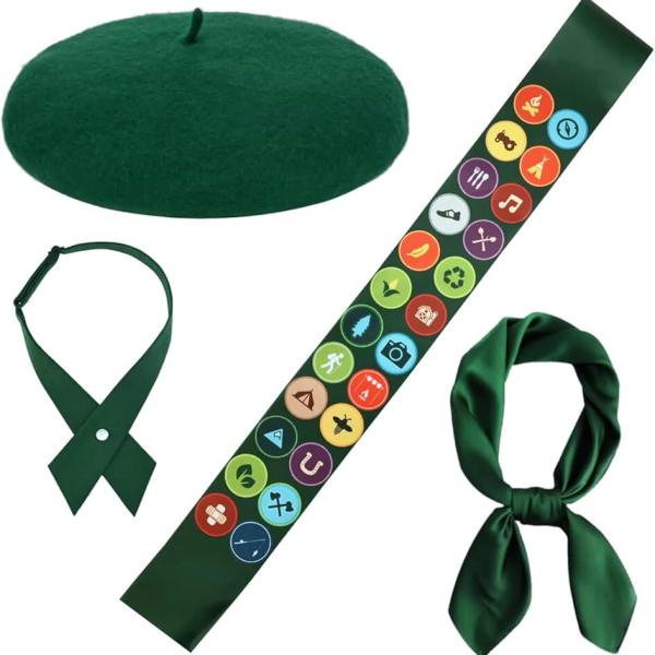 4 Pcs Halloween Scout Costume Set Include Blackish Green Beret Sash Scarf and Bowtie for Women