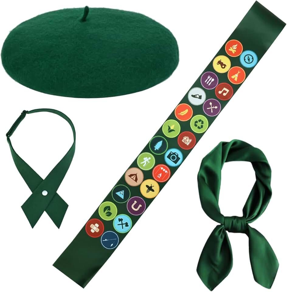 4 Pcs Halloween Scout Costume Set Include Blackish Green Beret Sash Scarf and Bowtie for Women