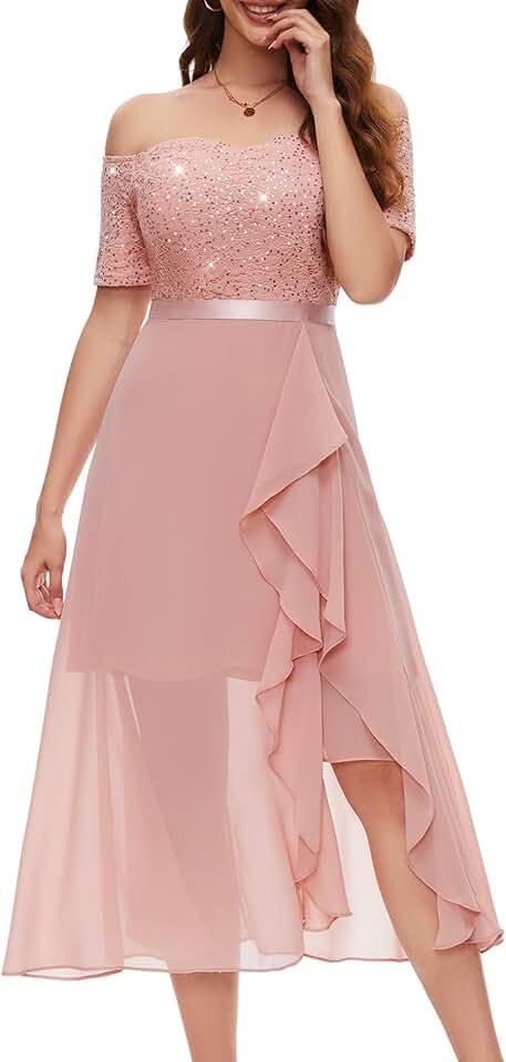 Women Sequin Formal Party Dress One Shoulder Wedding Cocktail Midi Evening Dress