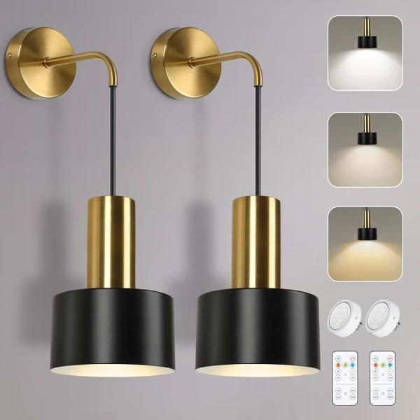 Set of 2 Battery Operated Wall Lights with Remote, Black Modern Dimmable Sconce Wall Lighting