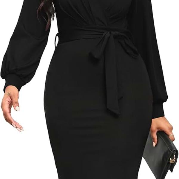 Women's Work Bodycon Pencil Dress Long Sleeve with V-Neckline Design and Belt