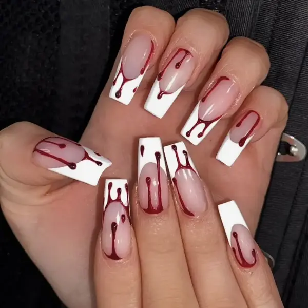 24Pcs Red Halloween Press on Nails Long Square Fake Nails French Tips False Nails Red Blood Full