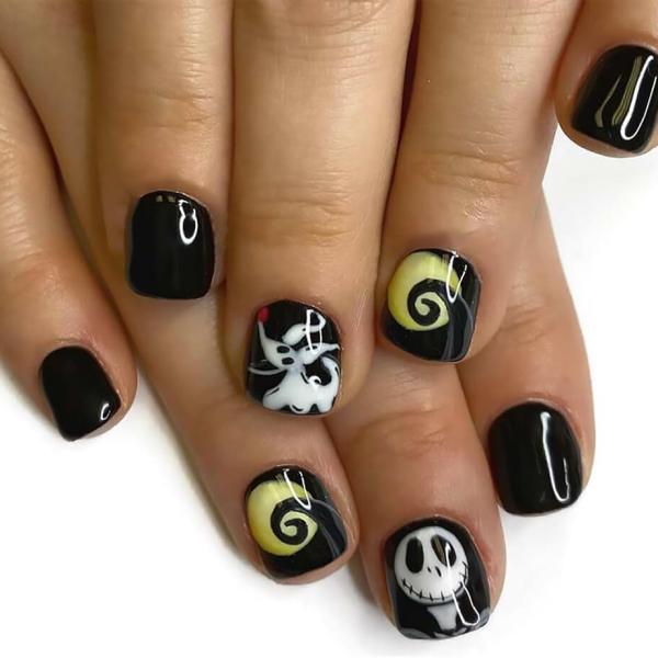 Halloween Press on Nails Square Short Fake Nails With Cute Skull Dog Designs Black False Nails Full