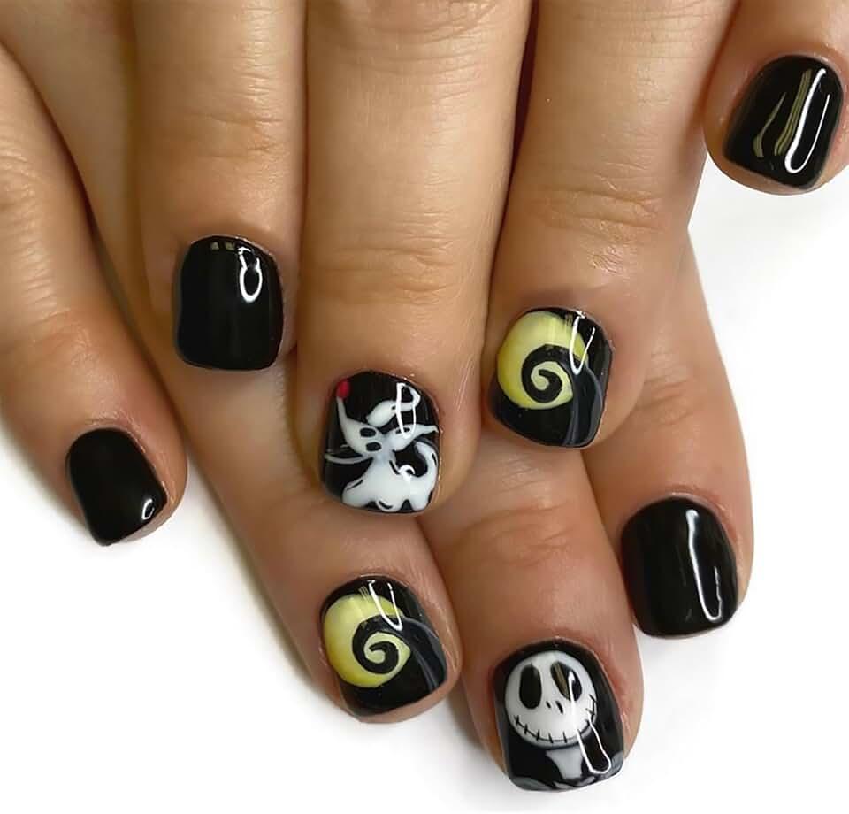 Halloween Press on Nails Square Short Fake Nails With Cute Skull Dog Designs Black False Nails Full