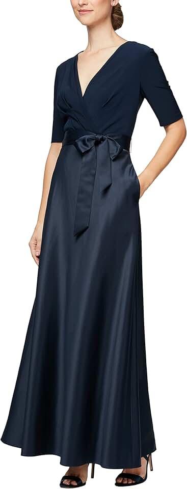 Women's Satin Ballgown Dress with Pockets (Petite and Regular Sizes)