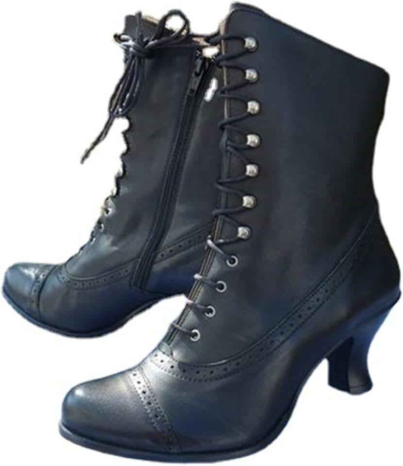 Victorian Boots,Witch Costume Renaissance Shoes,Kitten Heel Vintage Witchy Boot Lace Up 70s Knight