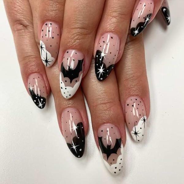 Halloween Press on Nails Medium Almond Fake Nails White&Black French Tip False Nails with Designs