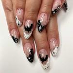 Halloween Press on Nails Medium Almond Fake Nails White&Black French Tip False Nails with Designs