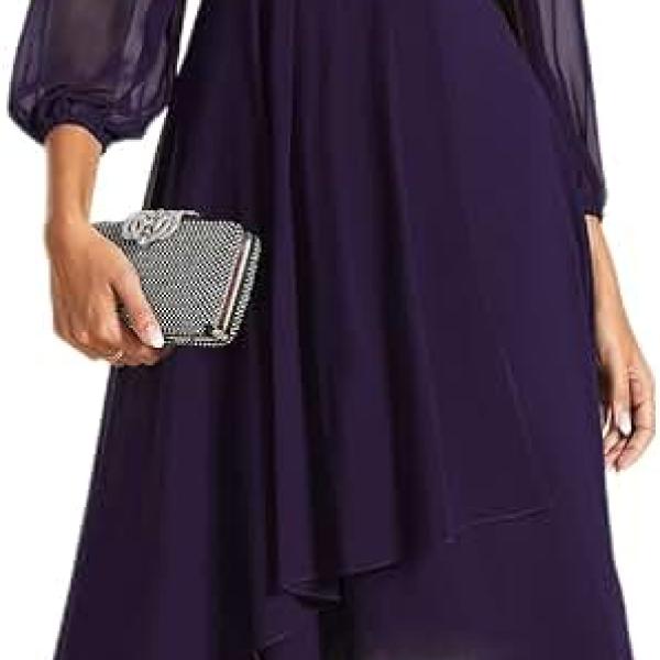 Women's Chiffon Spring V Neck Long Sleeves Pleated A-Line Midi Length Wedding Guest Dress 01926