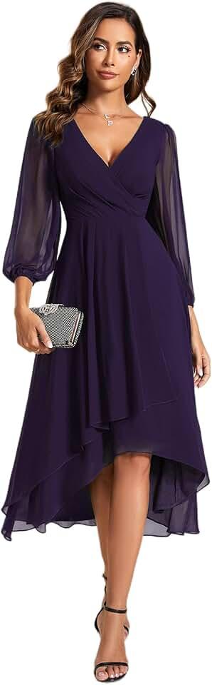 Women's Chiffon Spring V Neck Long Sleeves Pleated A-Line Midi Length Wedding Guest Dress 01926