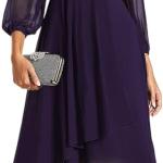 Women's Chiffon Spring V Neck Long Sleeves Pleated A-Line Midi Length Wedding Guest Dress 01926