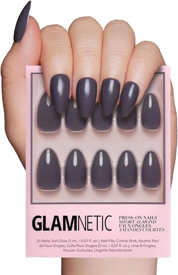 Glamnetic Press On Nails - Ash Gray | Opaque Muted Smoke Gray Short Almond False Nails, Reusable