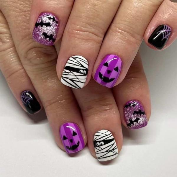 Halloween Press on Nails Short with Bat Spiders Web Pumpkin Design Fake Nails Square Purple Acrylic