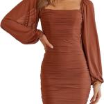 Women Elegant Square Neck Lantern Long Sleeve Mini Ruched Bodycon Dress Stretch Mesh Slim Party Cocktail Dresses