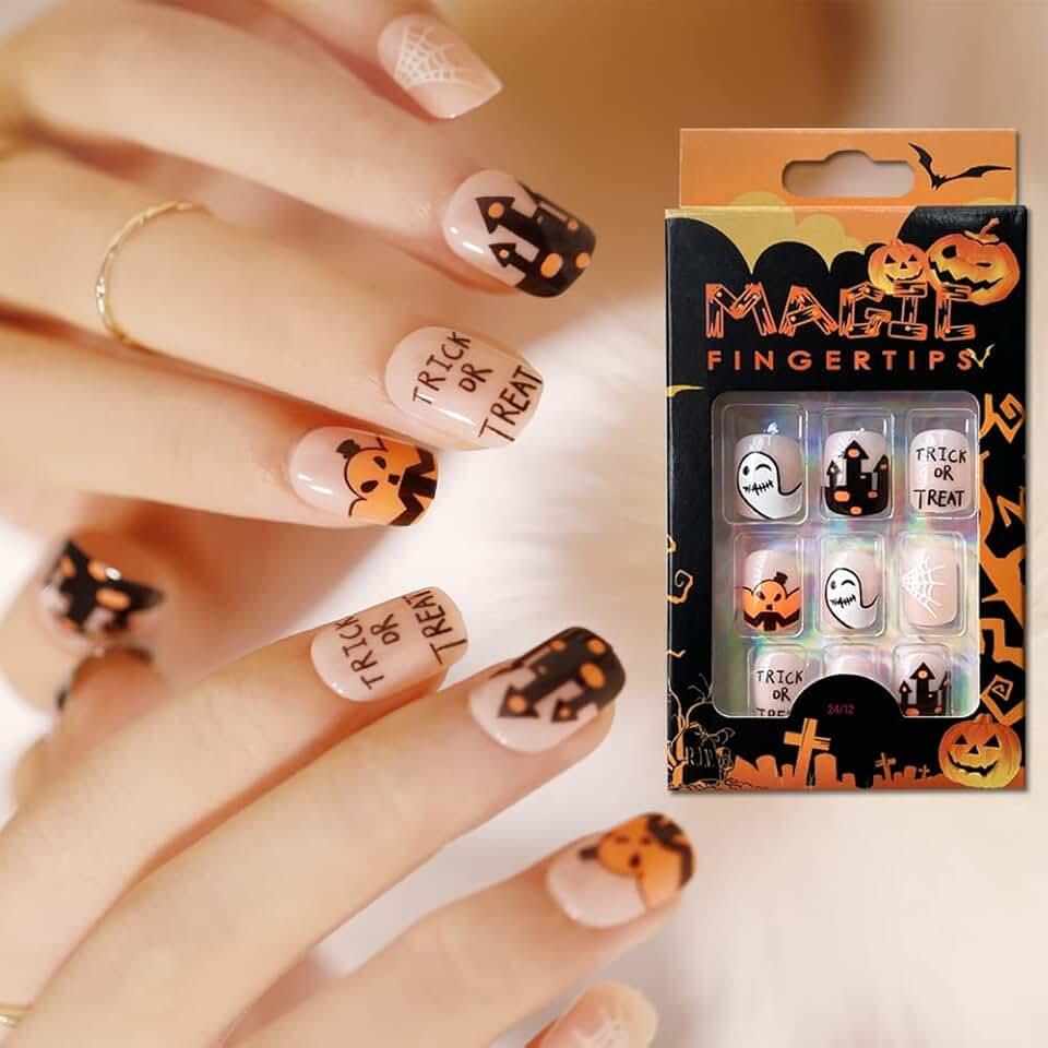 Halloween Press on Nails Short for Kids, Glossy Square Fake Nails Atificial Glue on Nails with