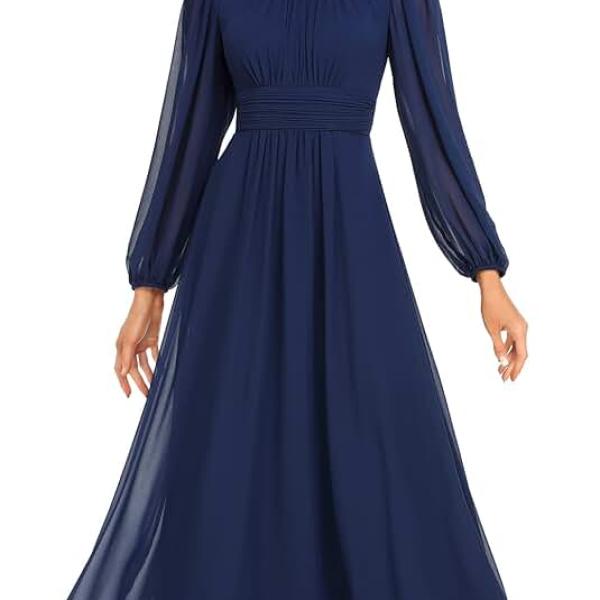 Women's Crewneck Lantern Sleeves A-Line Pleated Chiffon Maxi Formal Dress 0106B