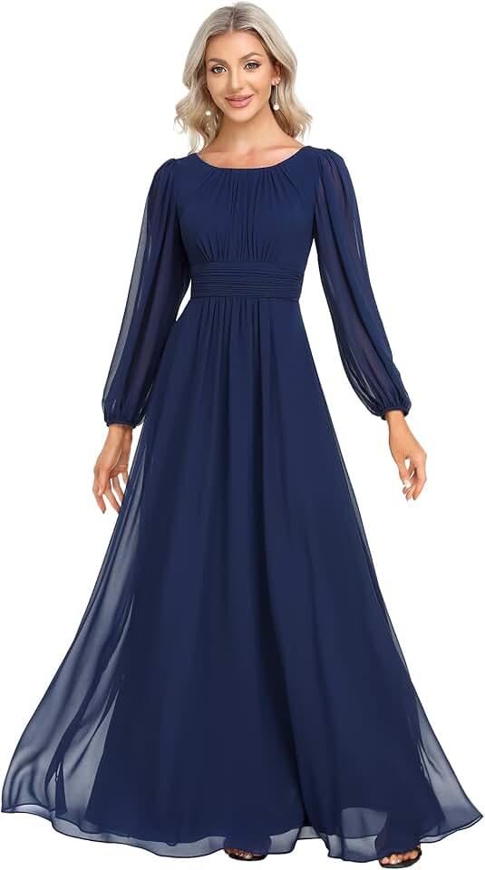 Women's Crewneck Lantern Sleeves A-Line Pleated Chiffon Maxi Formal Dress 0106B