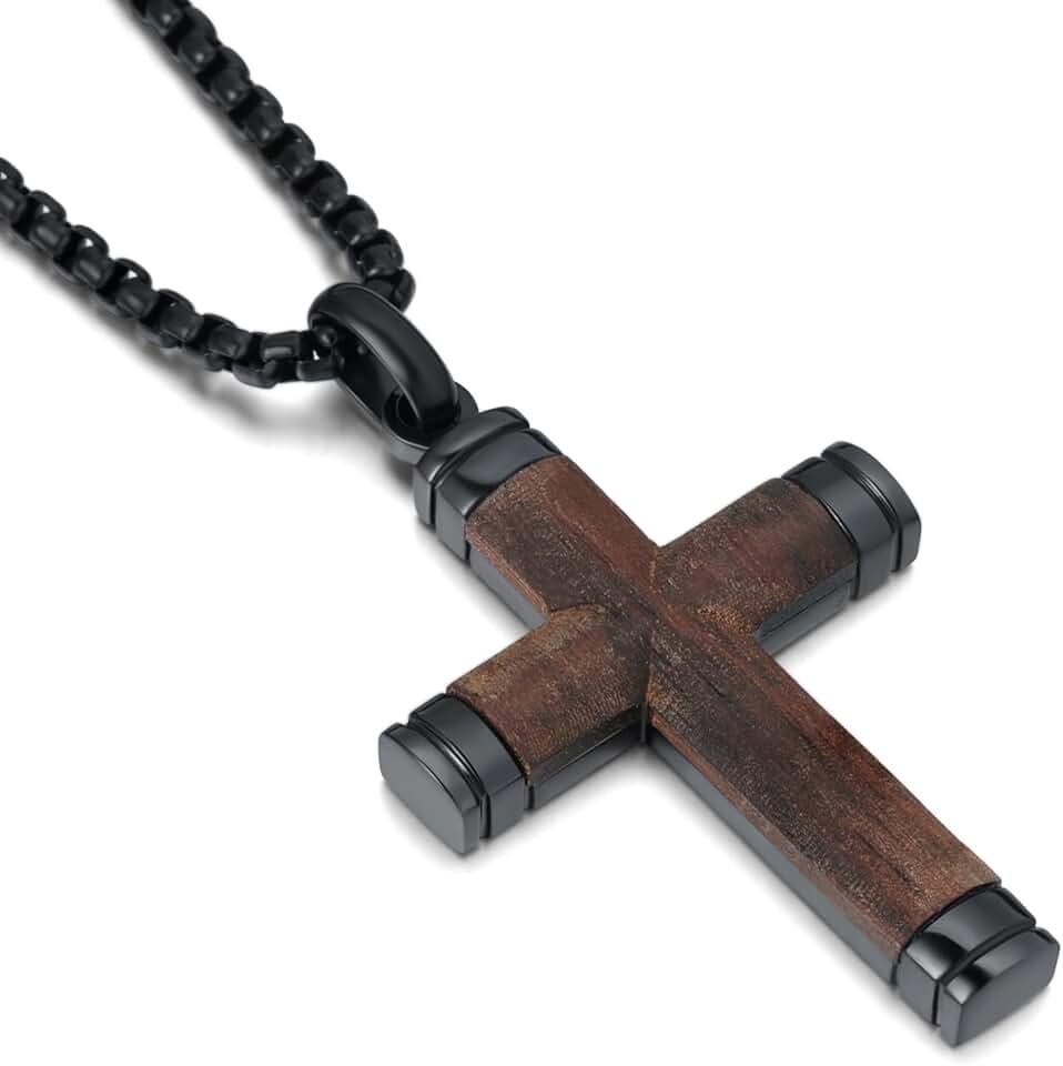 Wooden Cross Necklace for Men, 【Hand-Inlaid Real Pear Wood 】 Mens Cross Necklaces Christian Black