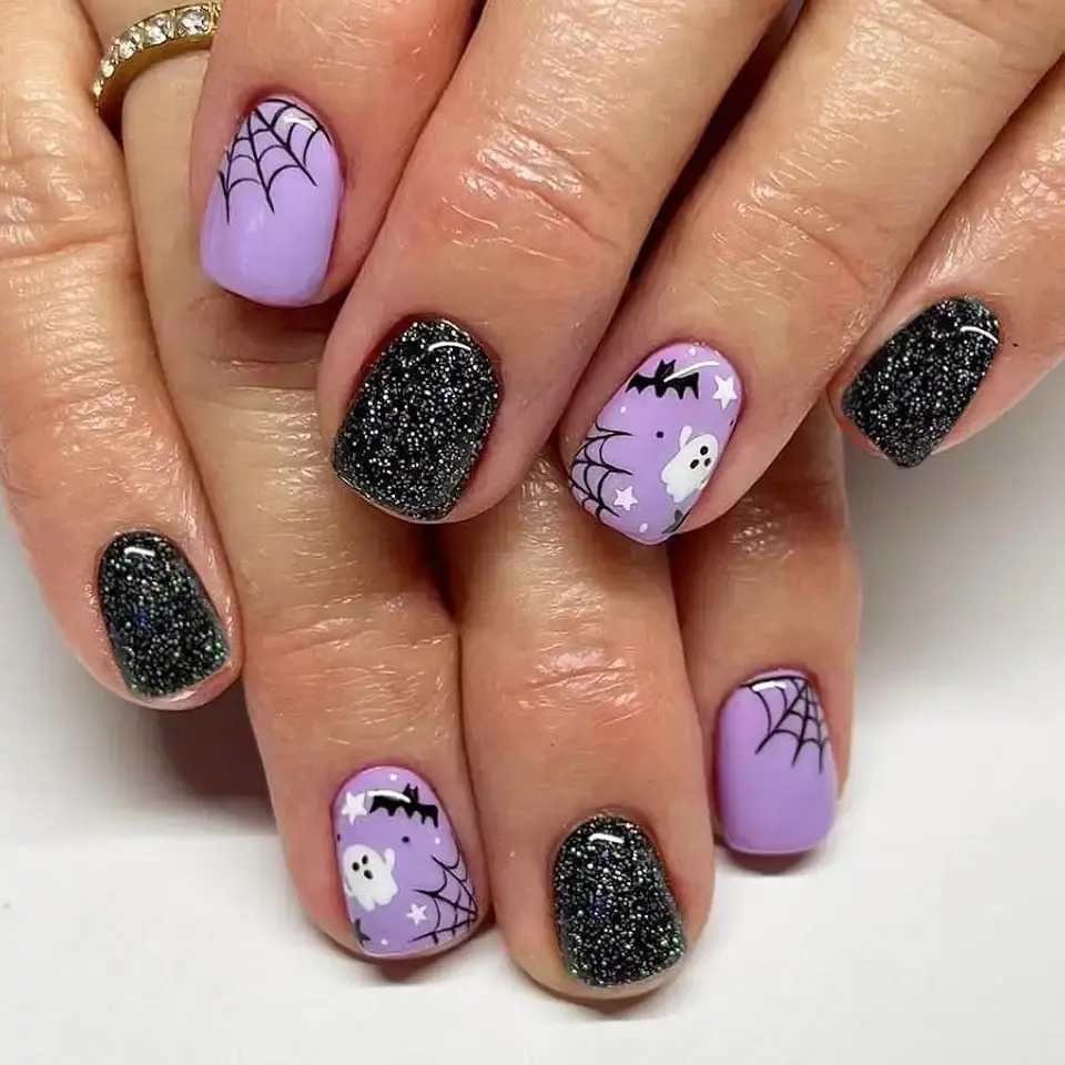 Halloween Press on Nails Short Square Fake Nails with Black Glitter Design Halloween Glue on Nails