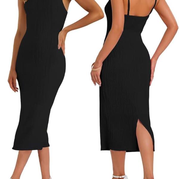 Women's Spaghetti Strap Bodycon Dress Sleeveless Knit Slit Midi Dresses Backless Cocktail Party Sexy Dress