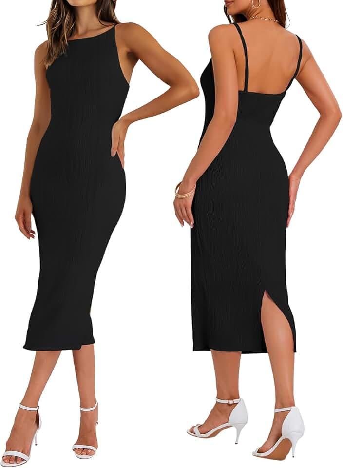 Women's Spaghetti Strap Bodycon Dress Sleeveless Knit Slit Midi Dresses Backless Cocktail Party Sexy Dress