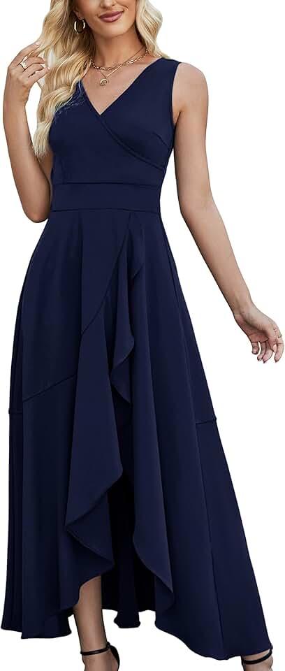 Women Formal Dresses,V Neck Evening Gowns for Women 2024 Long Wedding Guest Party Sleeveless Prom Pockets Dress