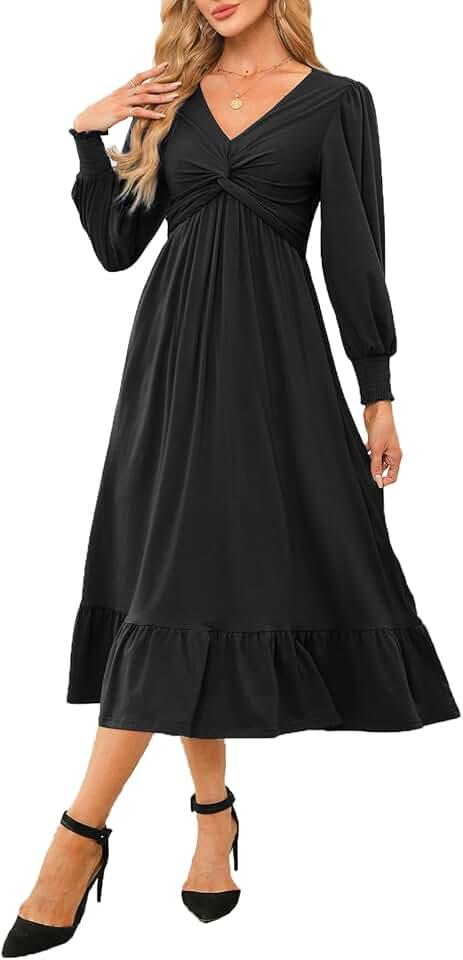 Womens 2024 Wrap V-Neck Twist Knot Long Sleeve Empire Waist Midi Maxi Dress A-Line Ruched Flowy Dress with Pockets