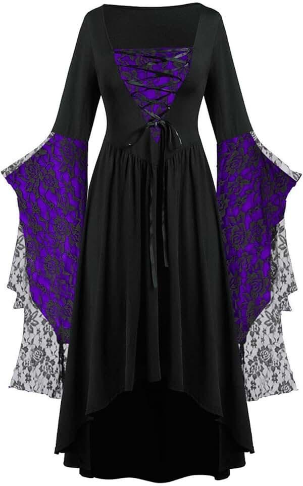 Halloween Costumes for Woman Renaissance Gothic Dresses Lace Bat Sleeve Dresses Medieval Cosplay