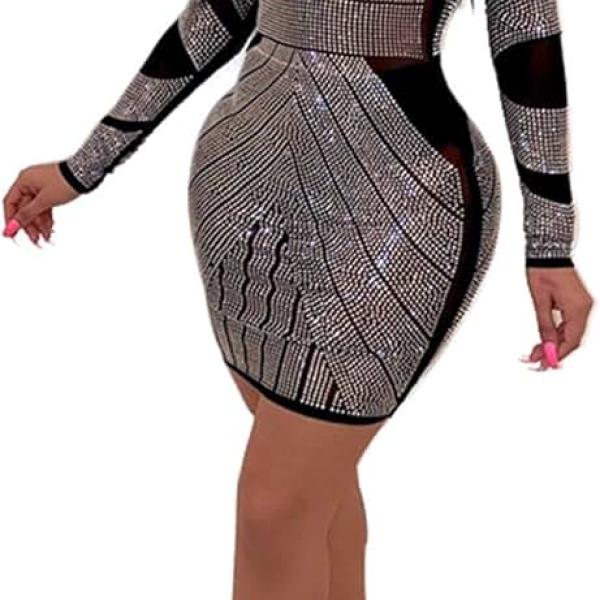 Women's Sexy Rhinestone Long Sleeve Night Club Dress Party Clubwear Evening Dress