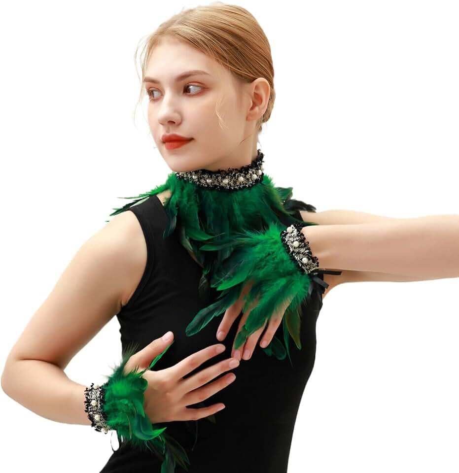 Glamorous Pearl Feather Neckwear & Cuffs Set for Elegant Special Halloween Costume Accessory 6