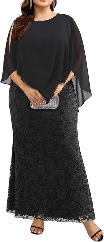 Women's Plus Size Cape Dress with Chiffon Overlay Gown Formal Evening Lace Long Mermaid Dresses 2024