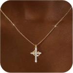 HUASAI Paved Cross Rotated Crown Necklace Rhinestone Cross Necklace 14K Gold Plated Rotating Crown