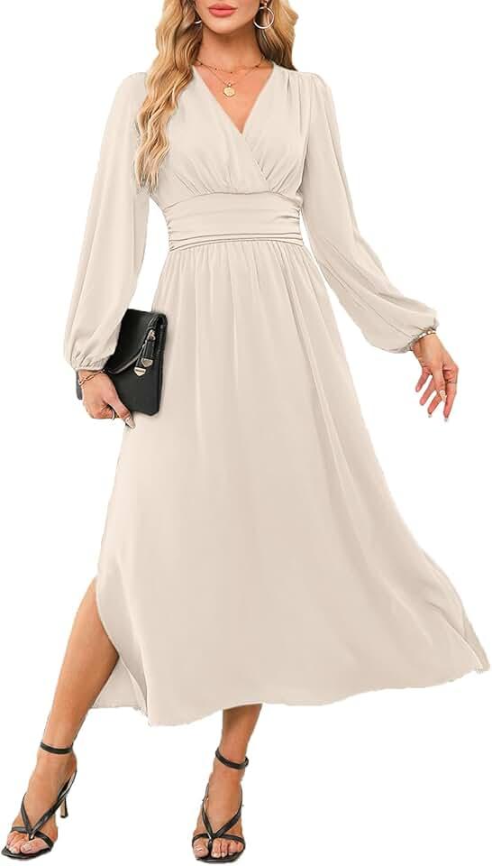 Womens Wrap V-Neck Empire Waist Dress Lantern Sleeve Ruched Side Slit Elegant Maxi Dress