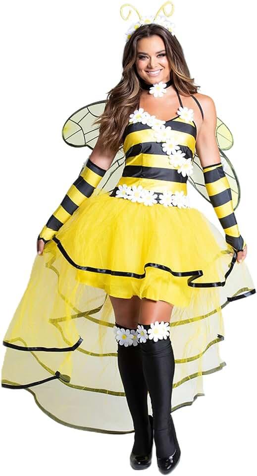 Women's Halloween Cosplay Bee Costume, Bee Queen Halloween Party Cosplay Dress Butterfly Wings