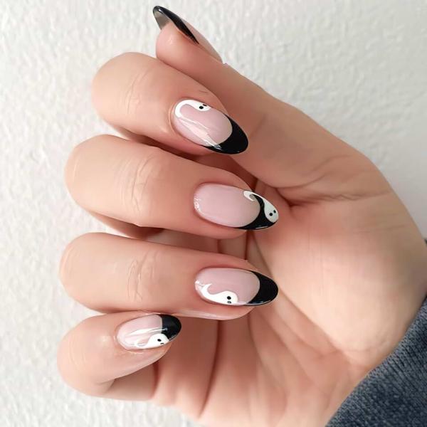 Black French Tip Press on Nails Medium Almond Fake Nails Cute Halloween French Glue on Nails with