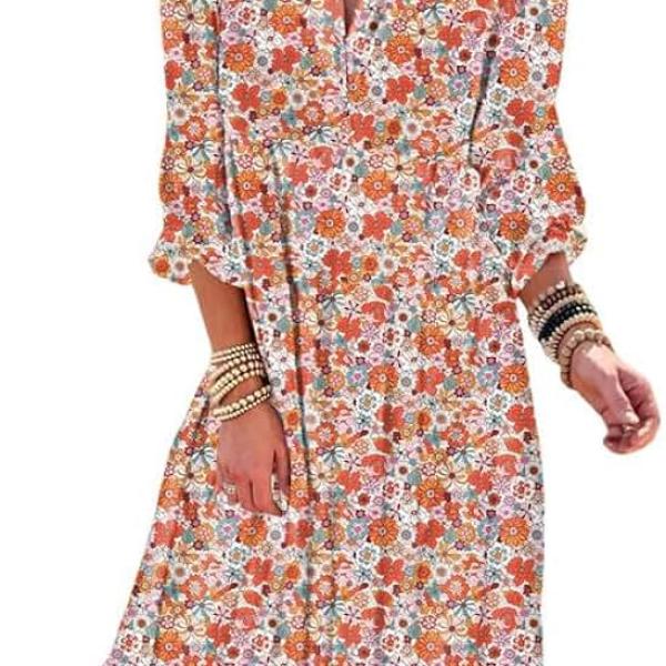 Women's Casual Loose Bohemian Floral Dresses 2024 Long Puff Sleeve V Neck Ruffle A Line Flowy Summer Beach Dress